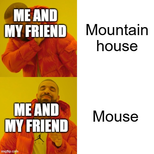 Drake Hotline Bling Meme | Mountain house; ME AND MY FRIEND; Mouse; ME AND MY FRIEND | image tagged in memes,drake hotline bling | made w/ Imgflip meme maker