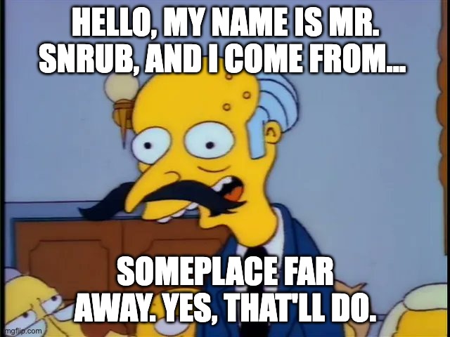 Mr. Snurb | HELLO, MY NAME IS MR. SNRUB, AND I COME FROM... SOMEPLACE FAR AWAY. YES, THAT'LL DO. | image tagged in the simpsons,mr burns | made w/ Imgflip meme maker