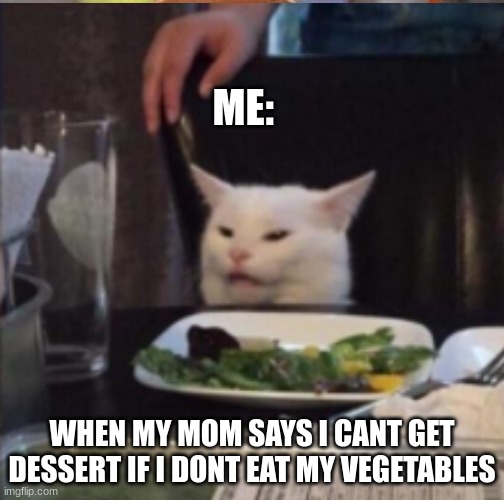 literally lmao | ME:; WHEN MY MOM SAYS I CANT GET DESSERT IF I DONT EAT MY VEGETABLES | image tagged in funny,cat | made w/ Imgflip meme maker