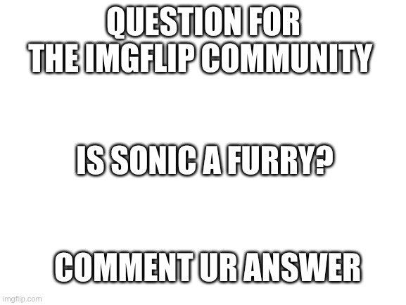 question | QUESTION FOR THE IMGFLIP COMMUNITY; IS SONIC A FURRY? COMMENT UR ANSWER | image tagged in blank white template,funny,sonic the hedgehog,anti furry,question | made w/ Imgflip meme maker