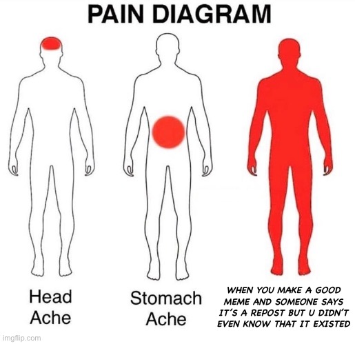 Relatable ;c | WHEN YOU MAKE A GOOD MEME AND SOMEONE SAYS IT’S A REPOST BUT U DIDN’T EVEN KNOW THAT IT EXISTED | image tagged in pain diagram,pain,sad,relatable | made w/ Imgflip meme maker