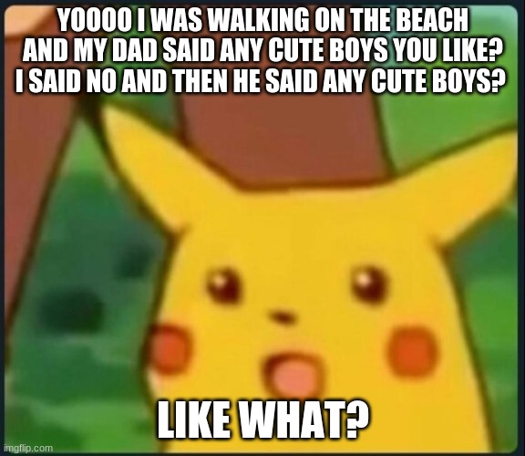 Surprised Pikachu | YOOOO I WAS WALKING ON THE BEACH AND MY DAD SAID ANY CUTE BOYS YOU LIKE? I SAID NO AND THEN HE SAID ANY CUTE BOYS? LIKE WHAT? | image tagged in surprised pikachu | made w/ Imgflip meme maker