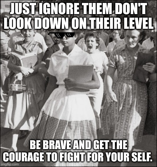 being the brave | JUST IGNORE THEM DON'T LOOK DOWN ON THEIR LEVEL; BE BRAVE AND GET THE COURAGE TO FIGHT FOR YOURSELF. | image tagged in little rock segregation,1950's,school | made w/ Imgflip meme maker