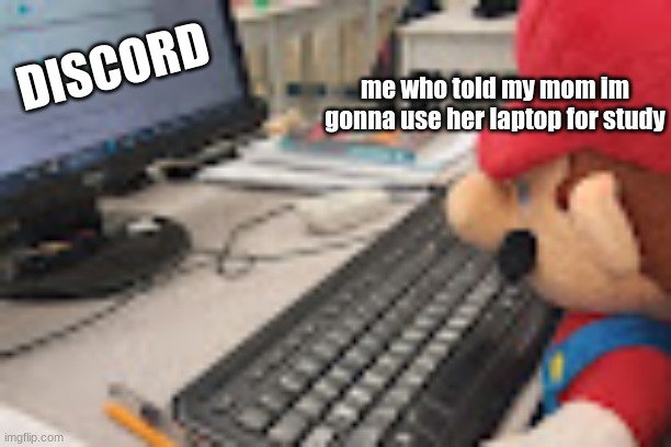 Mario on computer | me who told my mom im gonna use her laptop for study; DISCORD | image tagged in mario on computer | made w/ Imgflip meme maker
