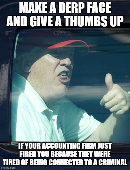 Trump thumb up | MAKE A DERP FACE AND GIVE A THUMBS UP; IF YOUR ACCOUNTING FIRM JUST FIRED YOU BECAUSE THEY WERE TIRED OF BEING CONNECTED TO A CRIMINAL | image tagged in trump thumb up | made w/ Imgflip meme maker