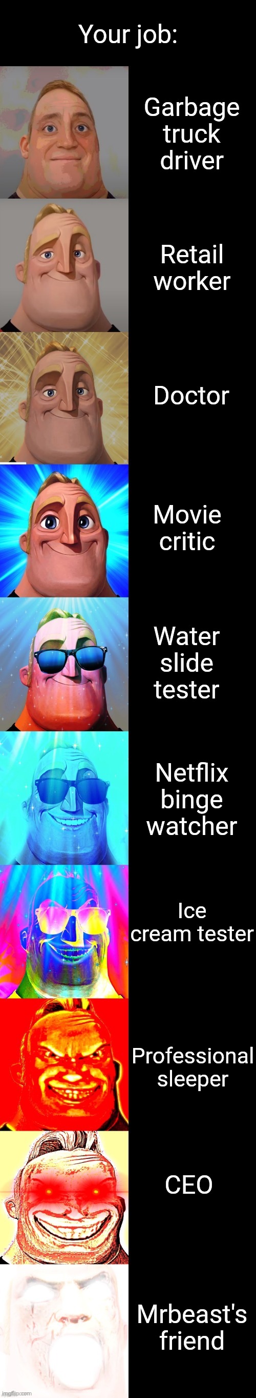 Mr incredible becoming canny meme | Your job:; Garbage truck driver; Retail worker; Doctor; Movie critic; Water slide tester; Netflix binge watcher; Ice cream tester; Professional sleeper; CEO; Mrbeast's friend | image tagged in mr incredible becoming canny | made w/ Imgflip meme maker