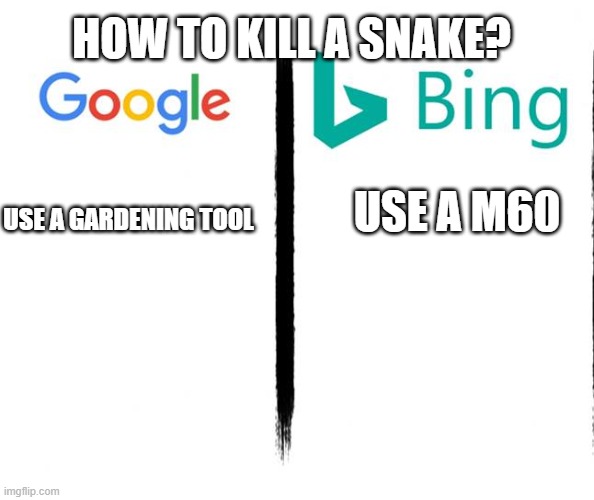 google vs bing | HOW TO KILL A SNAKE? USE A GARDENING TOOL; USE A M60 | image tagged in google v bing | made w/ Imgflip meme maker