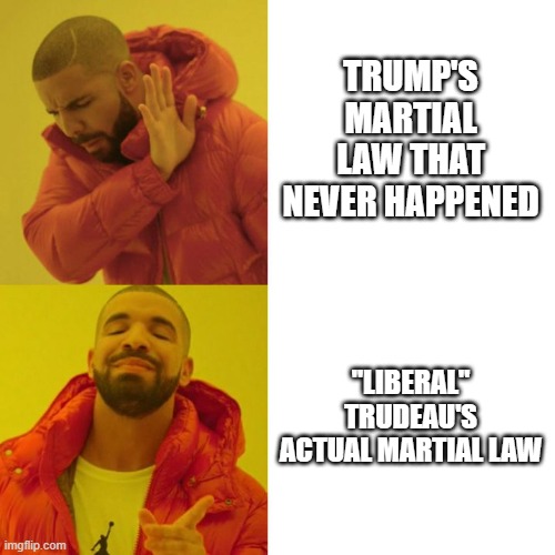 one kind of martial law is ok | TRUMP'S MARTIAL LAW THAT NEVER HAPPENED; "LIBERAL" TRUDEAU'S ACTUAL MARTIAL LAW | image tagged in drake blank,memes,canada,trump,martial law | made w/ Imgflip meme maker