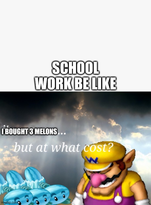 School in a nutshell | SCHOOL WORK BE LIKE; I BOUGHT 3 MELONS | image tagged in i've won but at what cost | made w/ Imgflip meme maker