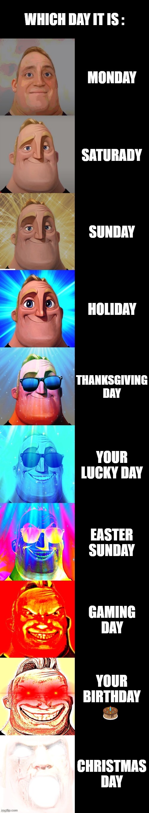 mr incredible becoming canny | WHICH DAY IT IS :; MONDAY; SATURADY; SUNDAY; HOLIDAY; THANKSGIVING DAY; YOUR LUCKY DAY; EASTER SUNDAY; GAMING DAY; YOUR BIRTHDAY 🎂; CHRISTMAS DAY | image tagged in mr incredible becoming canny | made w/ Imgflip meme maker
