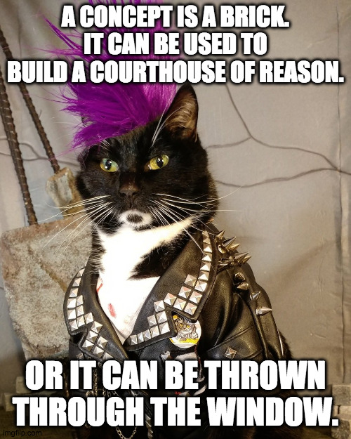 Anarchist kitty |  A CONCEPT IS A BRICK. IT CAN BE USED TO BUILD A COURTHOUSE OF REASON. OR IT CAN BE THROWN THROUGH THE WINDOW. | image tagged in punk rock,cat,kitty,anarchy,protesters,capitalism | made w/ Imgflip meme maker