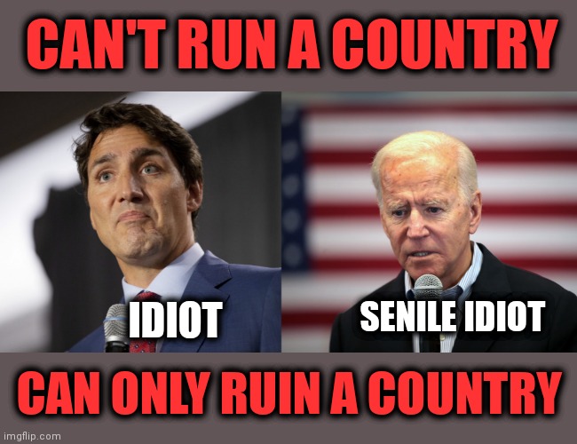 CAN'T RUN A COUNTRY; SENILE IDIOT; IDIOT; CAN ONLY RUIN A COUNTRY | image tagged in memes,justin trudeau,joe biden,liberals,democrats,idiots | made w/ Imgflip meme maker