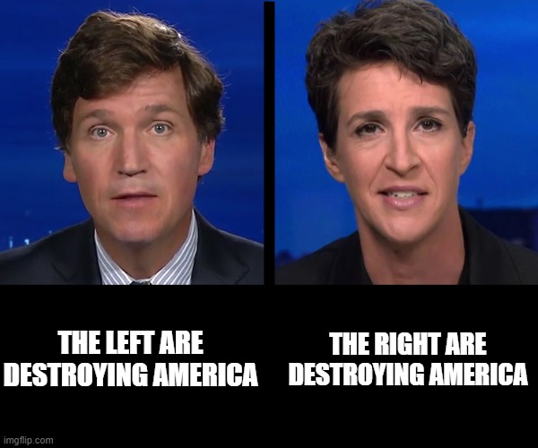How to keep a population divided | THE RIGHT ARE DESTROYING AMERICA; THE LEFT ARE DESTROYING AMERICA | image tagged in mind control | made w/ Imgflip meme maker