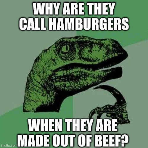its a question | WHY ARE THEY CALL HAMBURGERS; WHEN THEY ARE MADE OUT OF BEEF? | image tagged in raptor asking questions,memes,burger,ham,beef | made w/ Imgflip meme maker