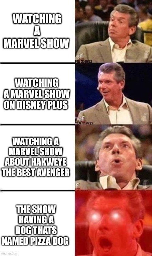 Hawkeye the reason we wathced it all | WATCHING A MARVEL SHOW; WATCHING A MARVEL SHOW ON DISNEY PLUS; WATCHING A MARVEL SHOW ABOUT HAKWEYE THE BEST AVENGER; THE SHOW HAVING A DOG THATS NAMED PIZZA DOG | image tagged in vince mcmahon reaction w/glowing eyes | made w/ Imgflip meme maker