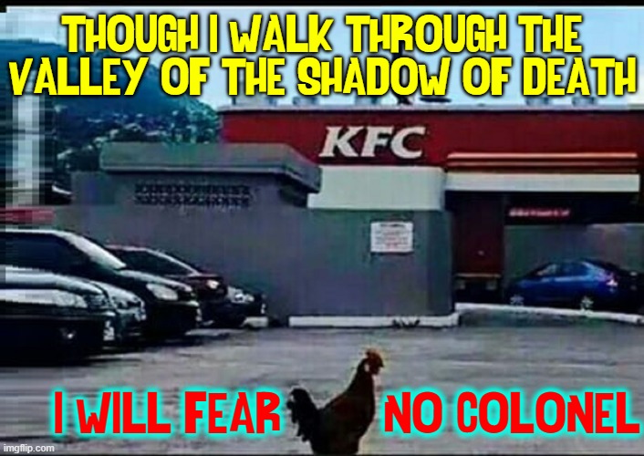The Bravest Chicken in the World |  THOUGH I WALK THROUGH THE VALLEY OF THE SHADOW OF DEATH; I WILL FEAR        NO COLONEL | image tagged in vince vance,kfc,memes,kfc colonel sanders,kentucky fried chicken,bible | made w/ Imgflip meme maker
