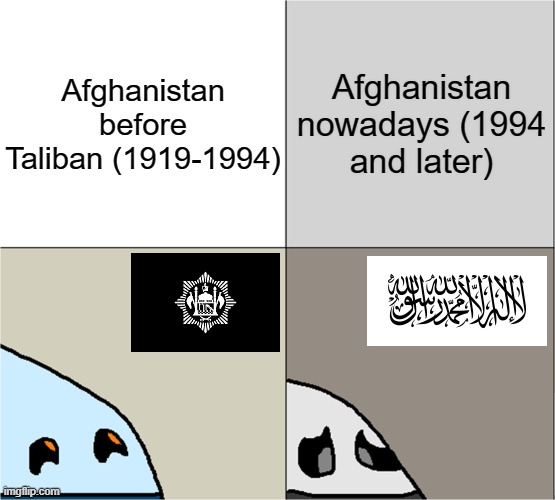 Sad how the terrorists took Afghanistan over =( | Afghanistan before Taliban (1919-1994); Afghanistan nowadays (1994 and later) | image tagged in normal and dark wandering husk,afghanistan,taliban,then vs now,sad but true,rest in peace | made w/ Imgflip meme maker