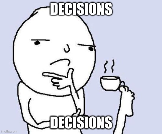 thinking meme | DECISIONS DECISIONS | image tagged in thinking meme | made w/ Imgflip meme maker