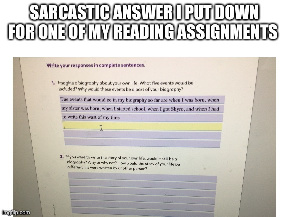 Why write a good answer when you have a chance to be funny? | SARCASTIC ANSWER I PUT DOWN FOR ONE OF MY READING ASSIGNMENTS | image tagged in memes,school | made w/ Imgflip meme maker