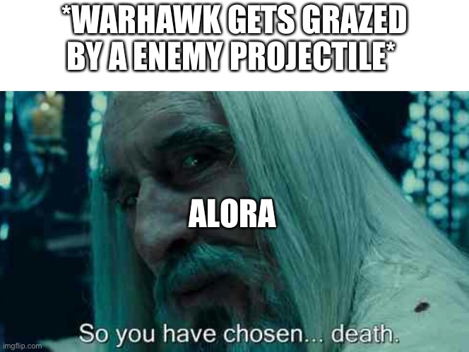 So you have chosen death | *WARHAWK GETS GRAZED BY A ENEMY PROJECTILE*; ALORA | image tagged in so you have chosen death | made w/ Imgflip meme maker