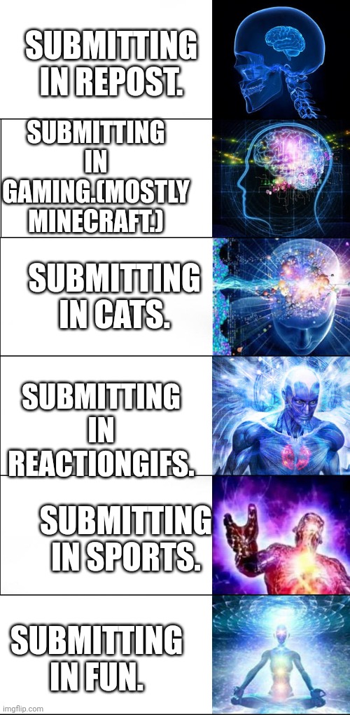 Lol | SUBMITTING IN REPOST. SUBMITTING IN GAMING.(MOSTLY MINECRAFT.); SUBMITTING IN CATS. SUBMITTING IN REACTIONGIFS. SUBMITTING IN SPORTS. SUBMITTING IN FUN. | image tagged in expanding brain | made w/ Imgflip meme maker