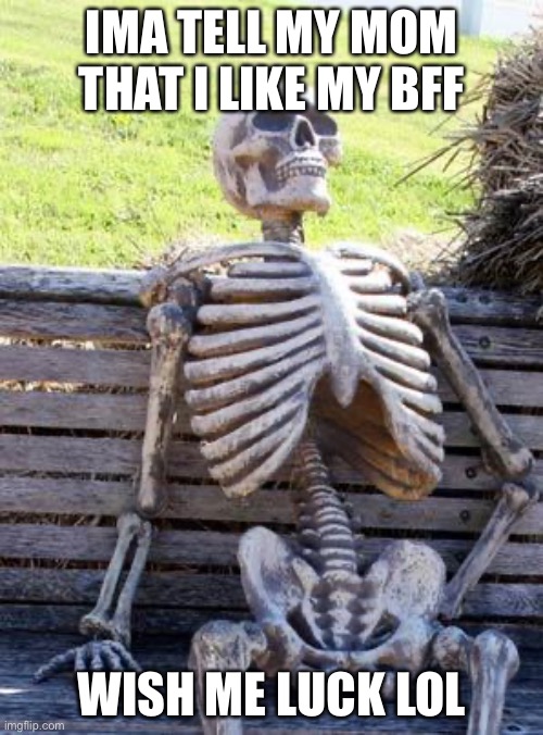 Waiting Skeleton Meme | IMA TELL MY MOM THAT I LIKE MY BFF; WISH ME LUCK LOL | image tagged in memes,waiting skeleton | made w/ Imgflip meme maker