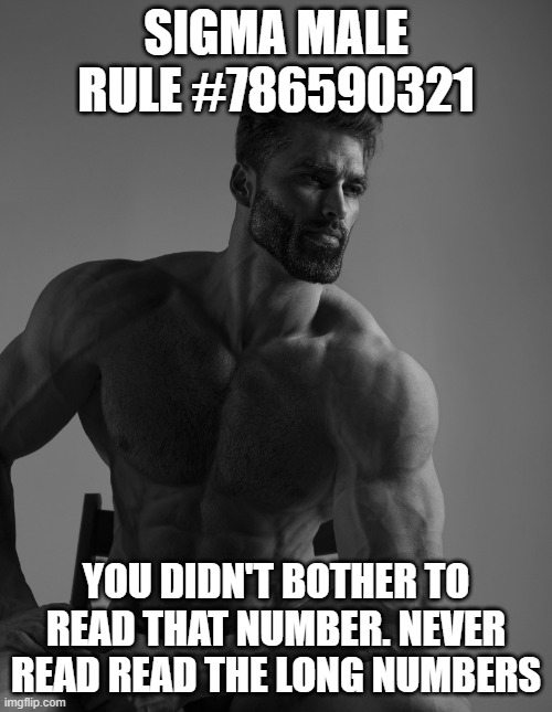 Giga Chad | SIGMA MALE RULE #786590321; YOU DIDN'T BOTHER TO READ THAT NUMBER. NEVER READ READ THE LONG NUMBERS | image tagged in giga chad | made w/ Imgflip meme maker