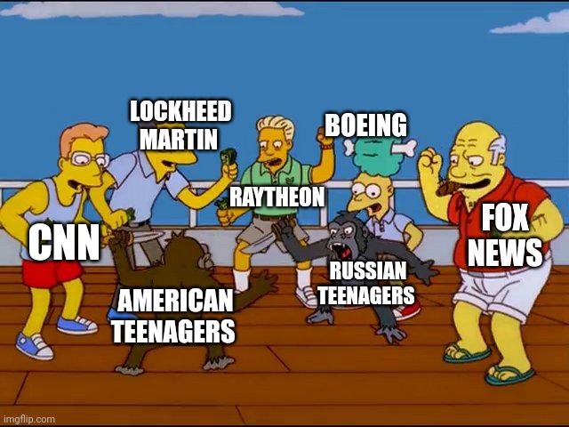 LOCKHEED MARTIN; BOEING; RAYTHEON; FOX NEWS; CNN; RUSSIAN TEENAGERS; AMERICAN TEENAGERS | made w/ Imgflip meme maker