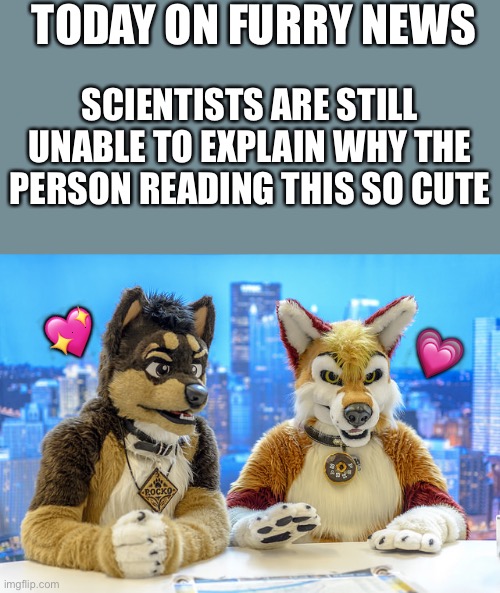 Today on fur news! | TODAY ON FURRY NEWS; SCIENTISTS ARE STILL UNABLE TO EXPLAIN WHY THE PERSON READING THIS SO CUTE; 💖; 💗 | image tagged in furry news,wholesome | made w/ Imgflip meme maker