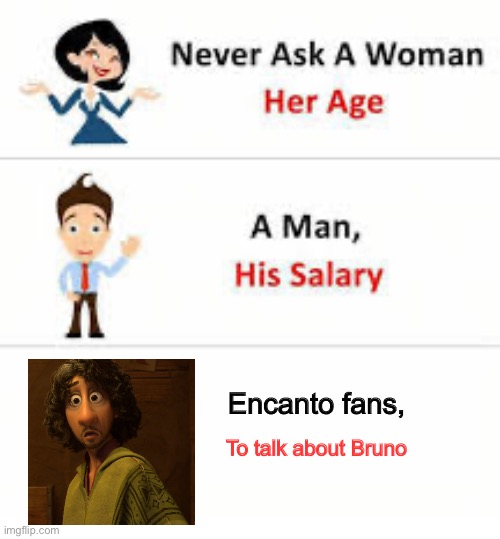 Never ask a woman her age | Encanto fans, To talk about Bruno | image tagged in never ask a woman her age | made w/ Imgflip meme maker