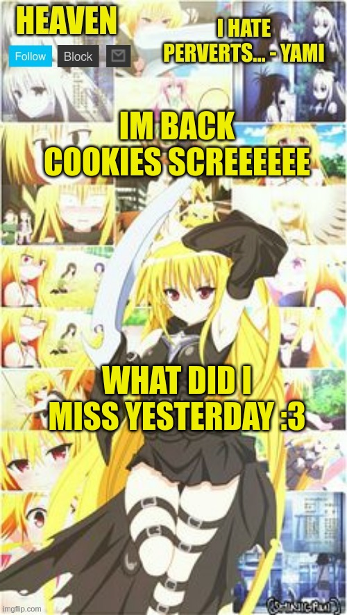 you cant have more than 5 owners :3 | IM BACK COOKIES SCREEEEEE; WHAT DID I MISS YESTERDAY :3 | image tagged in heavens temp | made w/ Imgflip meme maker