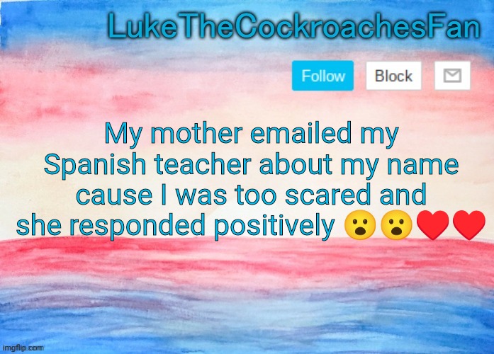 trans flag temp | My mother emailed my Spanish teacher about my name cause I was too scared and she responded positively 😮😮♥️♥️ | image tagged in trans flag temp | made w/ Imgflip meme maker