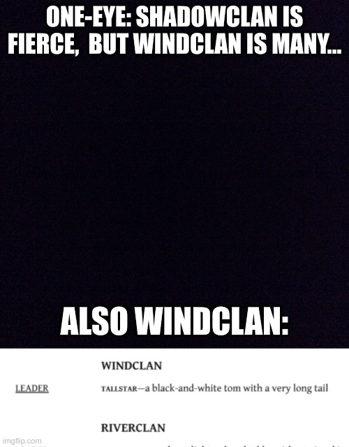 I know I know. Windclan has more cats then that but common. | ONE-EYE: SHADOWCLAN IS FIERCE,  BUT WINDCLAN IS MANY... ALSO WINDCLAN: | image tagged in black screen,warrior cats,warriors,memes,books | made w/ Imgflip meme maker