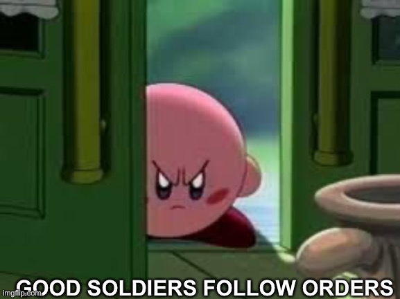 Pissed off Kirby | GOOD SOLDIERS FOLLOW ORDERS | image tagged in pissed off kirby | made w/ Imgflip meme maker