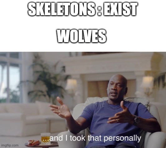 Skeletons in Minecraft. | SKELETONS : EXIST; WOLVES | image tagged in and i took that personally | made w/ Imgflip meme maker