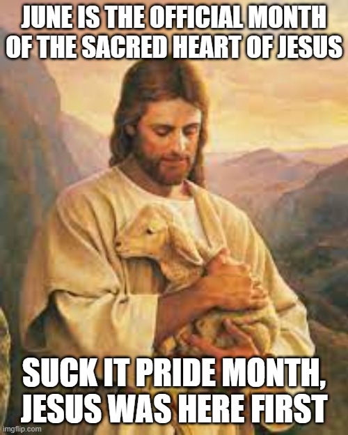 Better use of this month | JUNE IS THE OFFICIAL MONTH OF THE SACRED HEART OF JESUS; SUCK IT PRIDE MONTH, JESUS WAS HERE FIRST | image tagged in jesus,the truth,he was there first | made w/ Imgflip meme maker