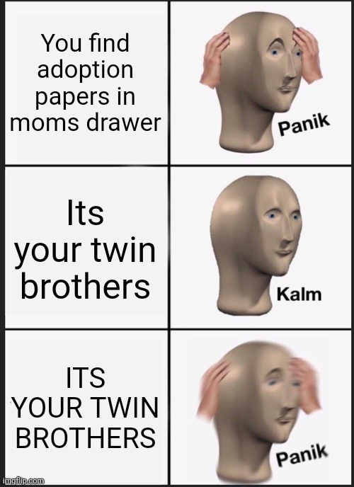 Panik Kalm Panik Meme | You find adoption papers in moms drawer Its your twin brothers ITS YOUR TWIN BROTHERS | image tagged in memes,panik kalm panik | made w/ Imgflip meme maker
