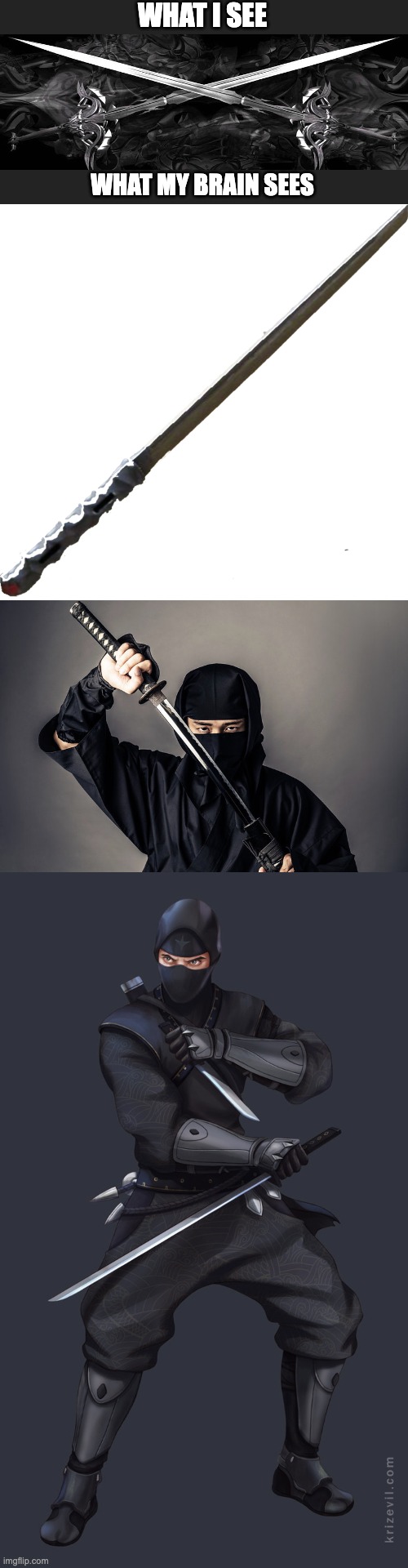 This is readable to me with ninja related stuff | WHAT I SEE; WHAT MY BRAIN SEES | image tagged in crossed swords,shadow blade,anime ninja | made w/ Imgflip meme maker