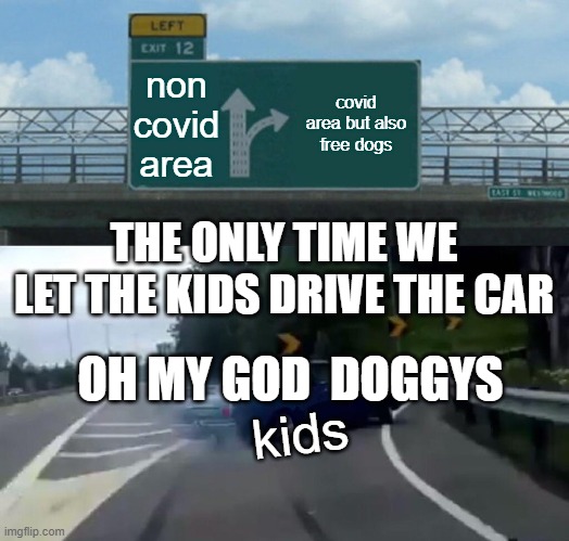 Left Exit 12 Off Ramp | non covid area; covid area but also free dogs; THE ONLY TIME WE LET THE KIDS DRIVE THE CAR; OH MY GOD  DOGGYS; kids | image tagged in memes,left exit 12 off ramp | made w/ Imgflip meme maker