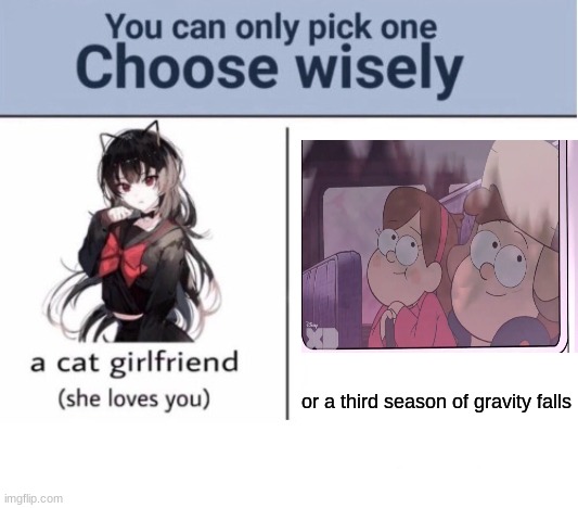 choose wisely |  or a third season of gravity falls | image tagged in choose wisely,gravity falls | made w/ Imgflip meme maker
