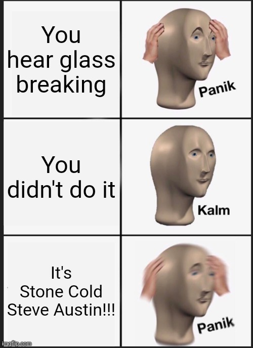 When you hear glass.... | You hear glass breaking; You didn't do it; It's Stone Cold Steve Austin!!! | image tagged in memes,panik kalm panik,stone cold steve austin | made w/ Imgflip meme maker