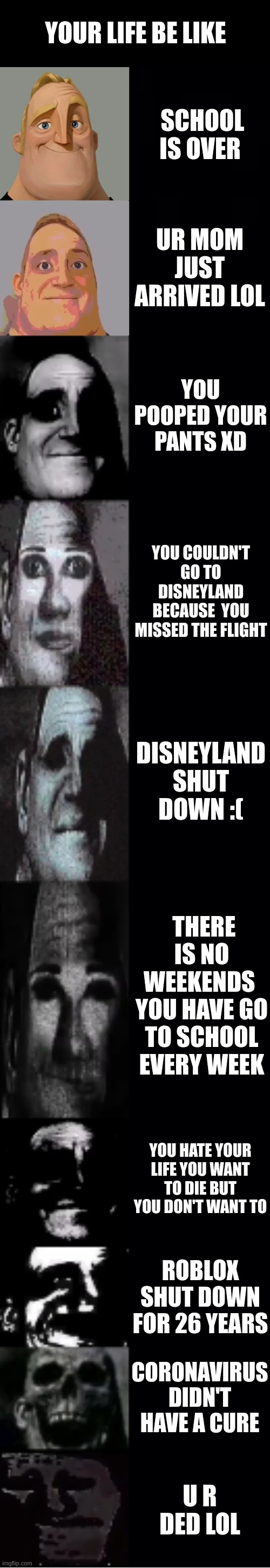 mr incredible becoming uncanny | YOUR LIFE BE LIKE; SCHOOL IS OVER; UR MOM JUST ARRIVED LOL; YOU POOPED YOUR PANTS XD; YOU COULDN'T GO TO DISNEYLAND BECAUSE  YOU MISSED THE FLIGHT; DISNEYLAND SHUT DOWN :(; THERE IS NO WEEKENDS  YOU HAVE GO TO SCHOOL EVERY WEEK; YOU HATE YOUR LIFE YOU WANT TO DIE BUT YOU DON'T WANT TO; ROBLOX SHUT DOWN FOR 26 YEARS; CORONAVIRUS DIDN'T HAVE A CURE; U R DED LOL | image tagged in mr incredible becoming uncanny | made w/ Imgflip meme maker