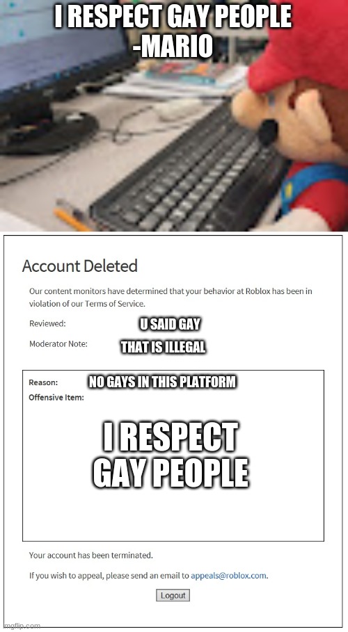 Mario gets banned(bad ending) | I RESPECT GAY PEOPLE
-MARIO; U SAID GAY; THAT IS ILLEGAL; NO GAYS IN THIS PLATFORM; I RESPECT GAY PEOPLE | image tagged in mario on computer,banned from roblox | made w/ Imgflip meme maker