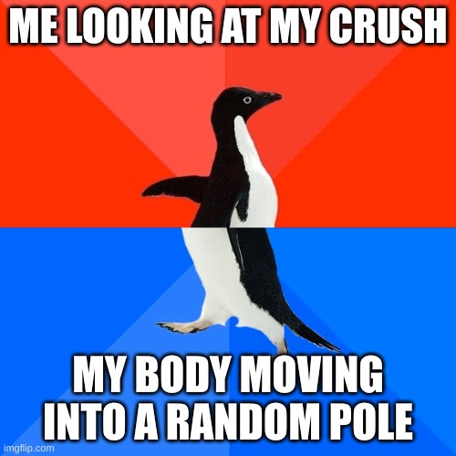 Socially Awesome Awkward Penguin | ME LOOKING AT MY CRUSH; MY BODY MOVING INTO A RANDOM POLE | image tagged in memes,socially awesome awkward penguin | made w/ Imgflip meme maker