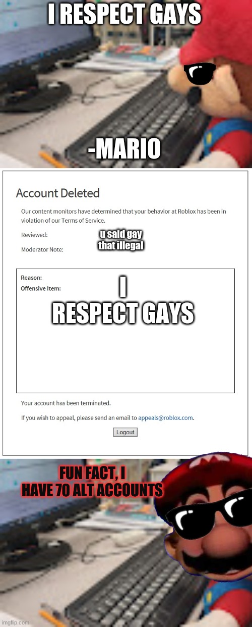 mario gets banned (good ending) | I RESPECT GAYS; -MARIO; u said gay
that illegal; I RESPECT GAYS; FUN FACT, I HAVE 70 ALT ACCOUNTS | image tagged in mario on computer,banned from roblox | made w/ Imgflip meme maker