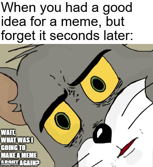 Does anyone else have this sort of struggle with memes? | When you had a good idea for a meme, but forget it seconds later:; WAIT, WHAT WAS I GOING TO MAKE A MEME ABOUT AGAIN? | image tagged in memes,unsettled tom,forgetful | made w/ Imgflip meme maker