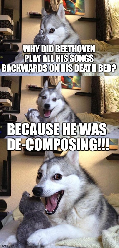 LOL oop | WHY DID BEETHOVEN PLAY ALL HIS SONGS BACKWARDS ON HIS DEATH BED? BECAUSE HE WAS 
DE-COMPOSING!!! | image tagged in memes,bad pun dog,eyeroll,dark humor,beethoven,classical music | made w/ Imgflip meme maker