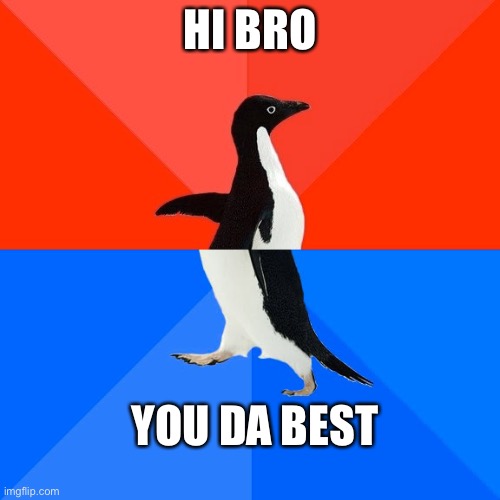 Socially Awesome Awkward Penguin | HI BRO; YOU DA BEST | image tagged in memes,socially awesome awkward penguin | made w/ Imgflip meme maker