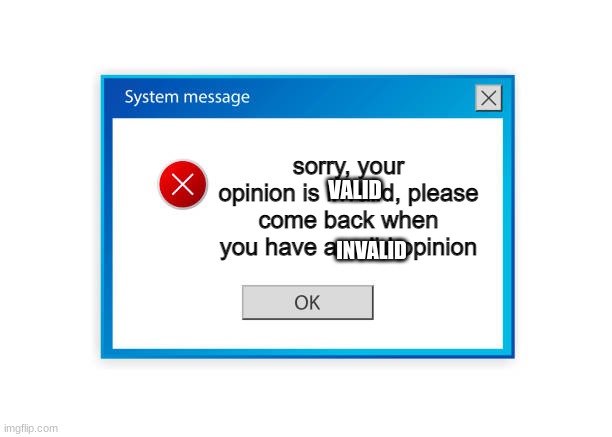 invalid opinion | VALID; INVALID | image tagged in invalid opinion | made w/ Imgflip meme maker