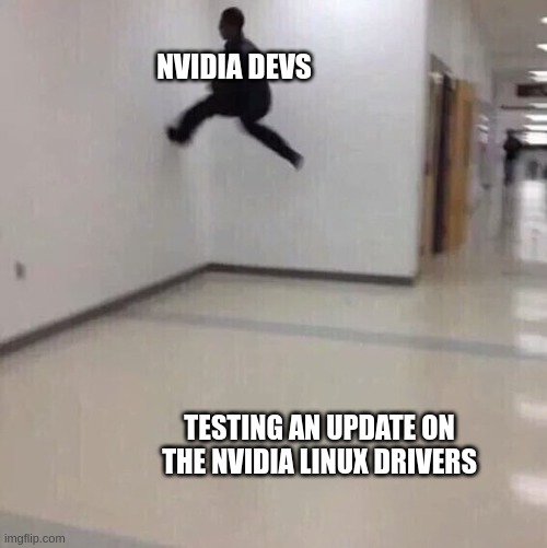 Floor is lava | NVIDIA DEVS; TESTING AN UPDATE ON THE NVIDIA LINUX DRIVERS | image tagged in floor is lava,linux,geek,nvidia,development | made w/ Imgflip meme maker